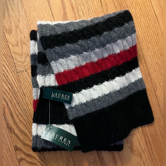 NEW Ralph Lauren Cable Knit Wool Scarf w/tags, Black, White & Red - Picture 1 of 5
